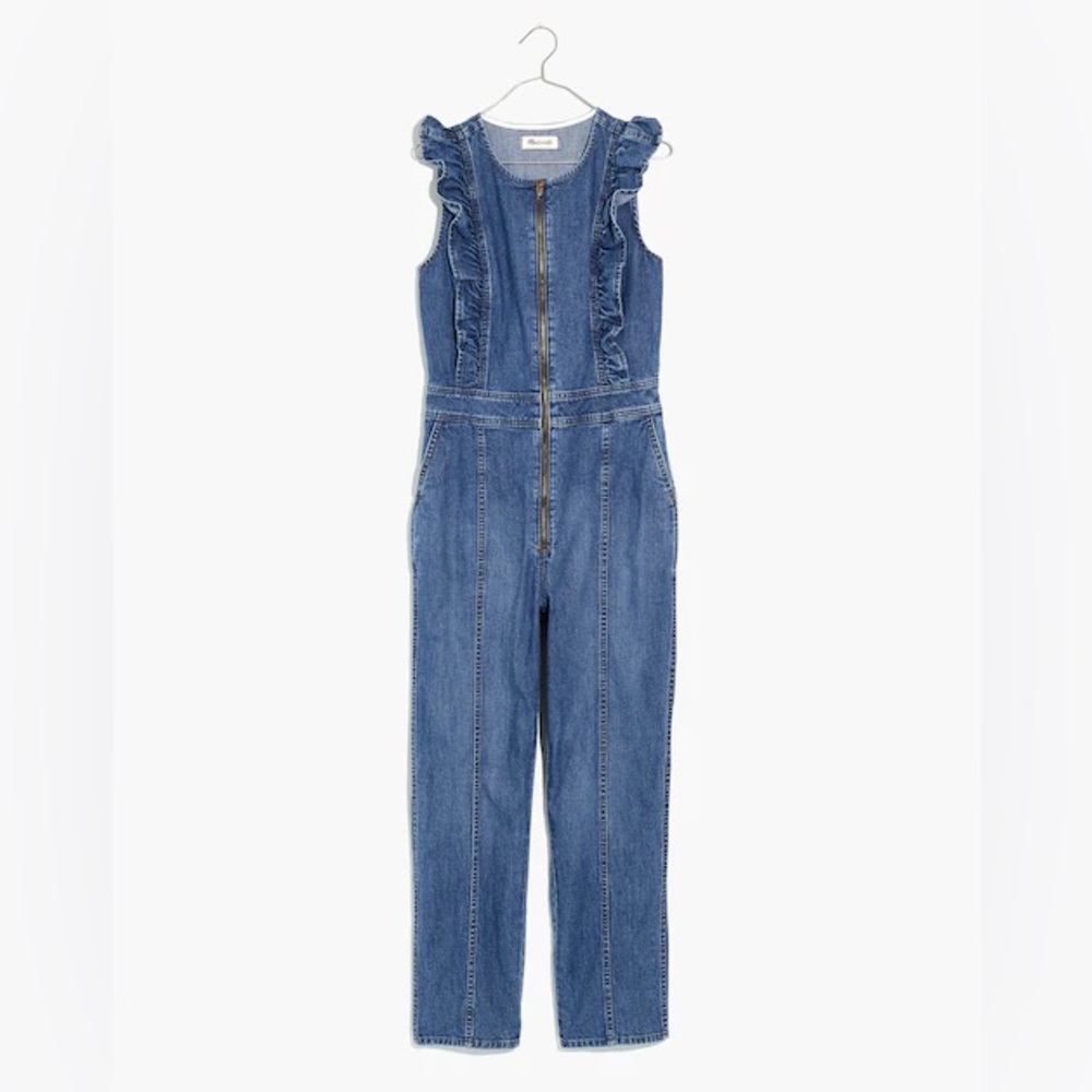 Madewell Denim Ruffle Zip Front Jumpsuit